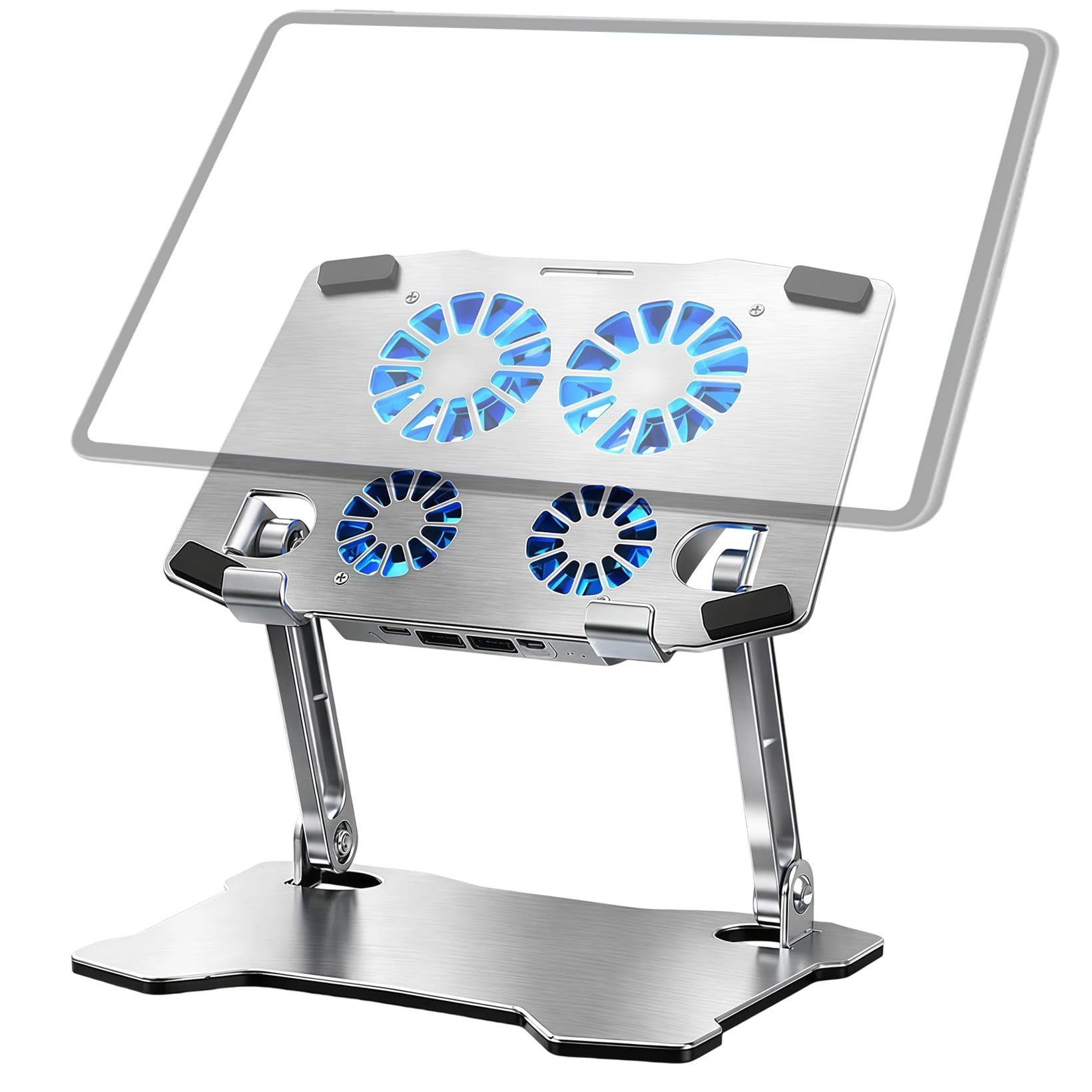 Laptop Ständer mit Kühlventilatoren, Tablet-Kühler mit Halterung Ausgestattet 4 Lüfter, Höhenverstellbar, Faltbar Aluminium Laptop Kühler für Mobiltelefone, Tablets und kleine Laptops, 8KG Tragkraft