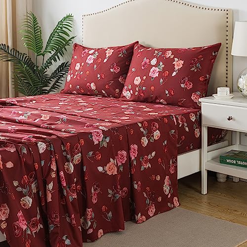 Image of FADFAY Red Rose Sheets Set Full Vintage Rose Floral Bedding Chic Rose Flower Bed Sheets Shabby Farmhouse Bedding 100% Percale Egyptian Cotton 800 Thread Count Deep Pocket Fitted Sheet 4Pcs, Full Size