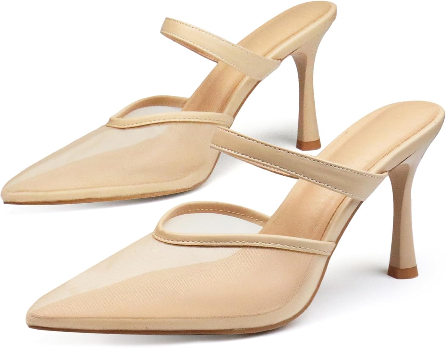 Mesh Kitten Heels for Women Slip On Pointed Closed Toe Mules Heeled Sandals Cute Pumps Dress Party - Image 7