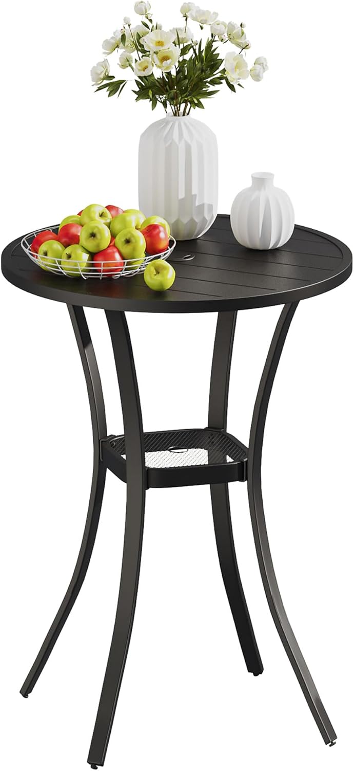 VICLLAX Outdoor Bar Table, 28" Wide Square Patio Bar Height Table Weather Resistant Metal Slatted Tabletop with Umbrella Hole for Balcony Front Porch, Backyard, Black