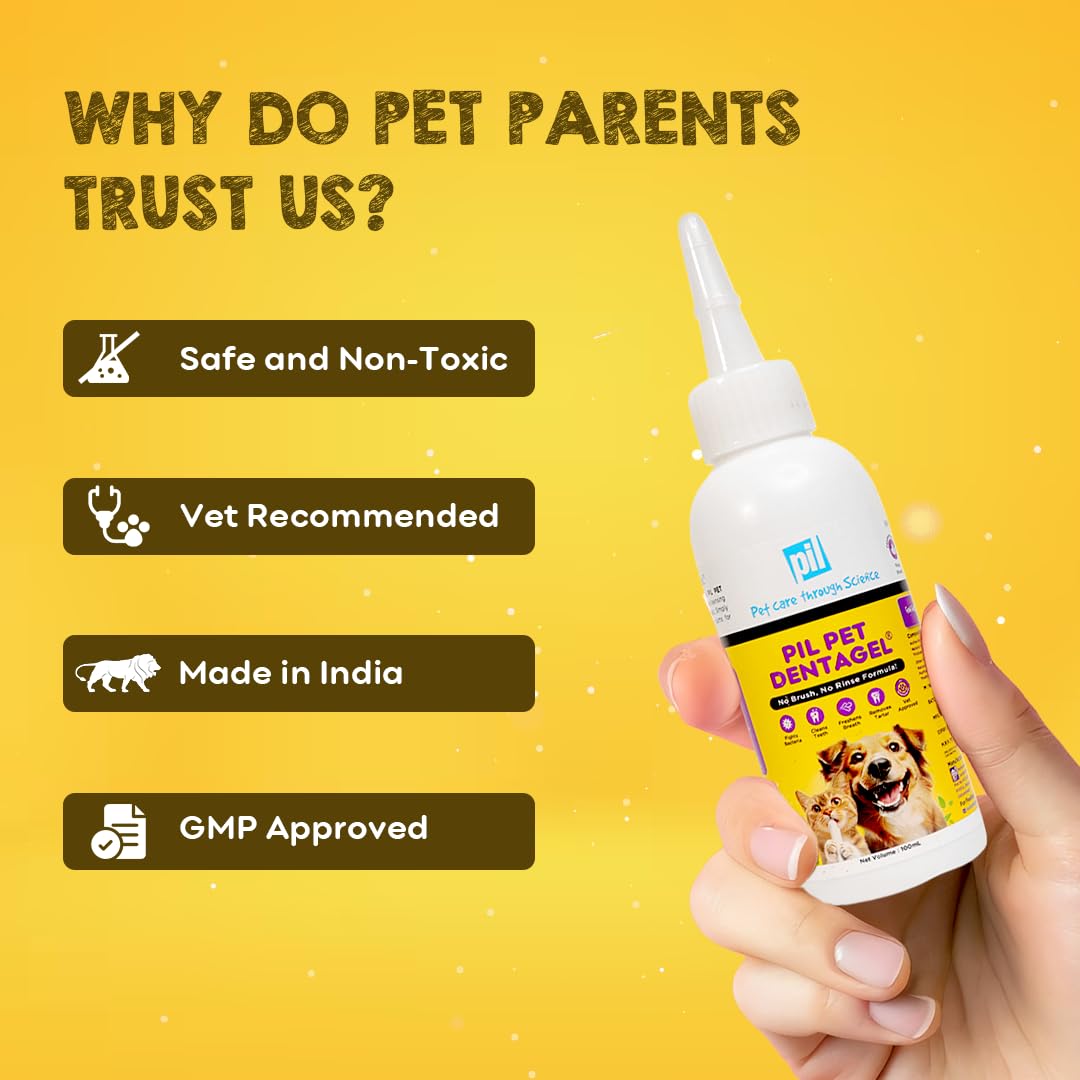 pil Pet Denta Gel Toothpaste for Dog & Cat with Mint, Green Tea Extract & Clove Oil |Fights Gum Diseases, Removes Plaque & Controls Bad Breath| Squeeze Only- No Brushing, No Rinsing (100Gm).