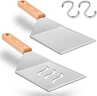 Wooden Metal Spatulas 2Pcs, HaSteeL Professional Large Griddle Spatula Tools Set, Hamburger Turner Pancake Flipper Perfect for Teppanyaki Flat Top BBQ Grilling Kitchen Cooking Indoor & Outdoor