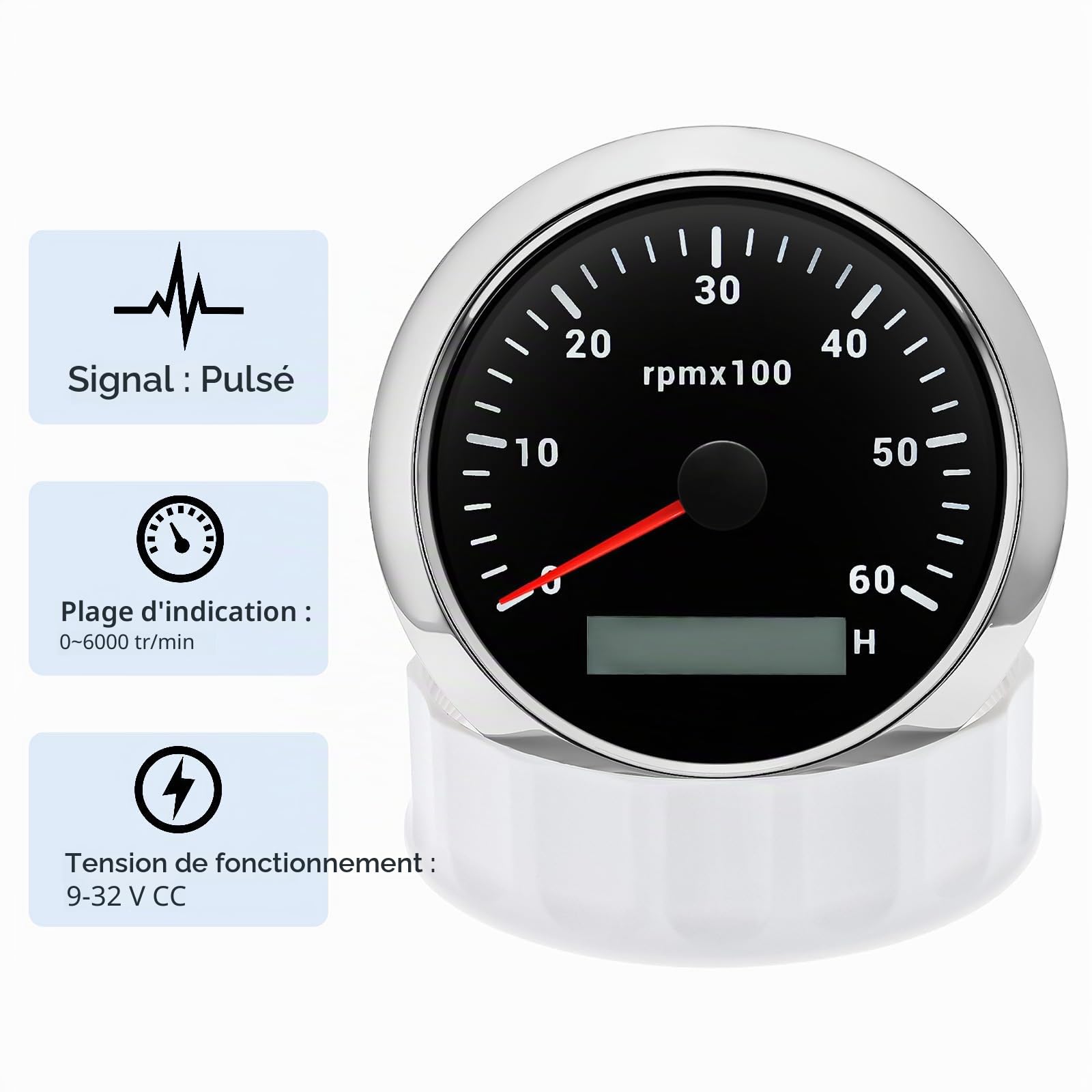 Compte-tours 85 mm 0-6000 tr/min étanche avec compteur d'heures de fonctionnement rétroéclairage 7 couleurs pour voiture, bateau, camion, moteur diesel et essence