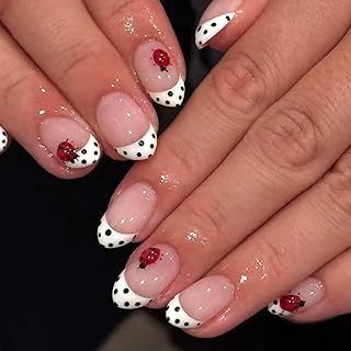 Ceboic 24 Stück Press on Nails Kurz Mandel Nude Rosa Nägel Zum Aufkleben Tupfen French Fake Nails Full Cover Künstliche Nägel Niedlicher Marienkäfer Acryl Fingernägel Zum Aufkleben für Frauen Mädchen