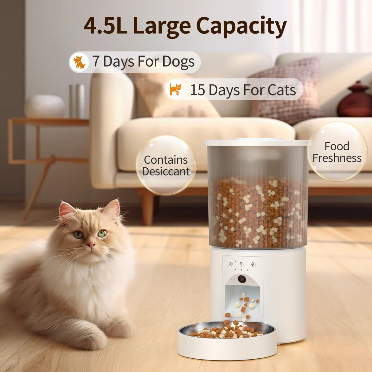 Automatic Cat Feeder, 4.5L Easy Install Pet Food Dispenser, 1080P HD Camera, 5GWIFI with Night Vision, Motion Alarm, Stainless Steel (White)