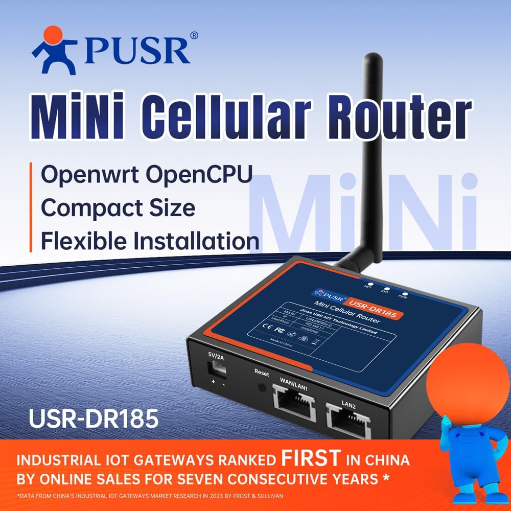 Mini Cellular Router Dual LAN LTE Cat.1 OpenCPU DDOS Protection OpenVPN Wall and DIN Rail mounting Stable Power Supply USR-DR185