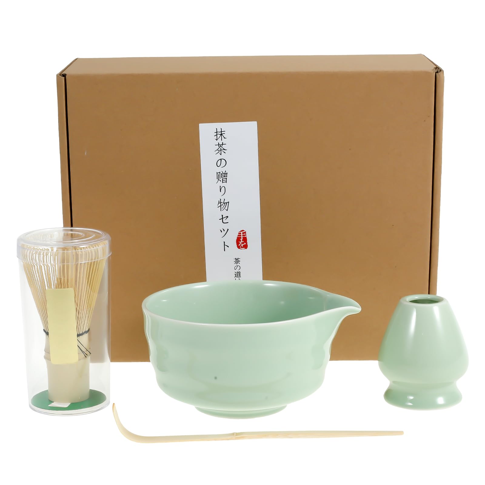 HGQiviut 4-Piece Matcha Tea Set - Ceramic Bowl, Bamboo Whisk, Scoop & Holder (Green)