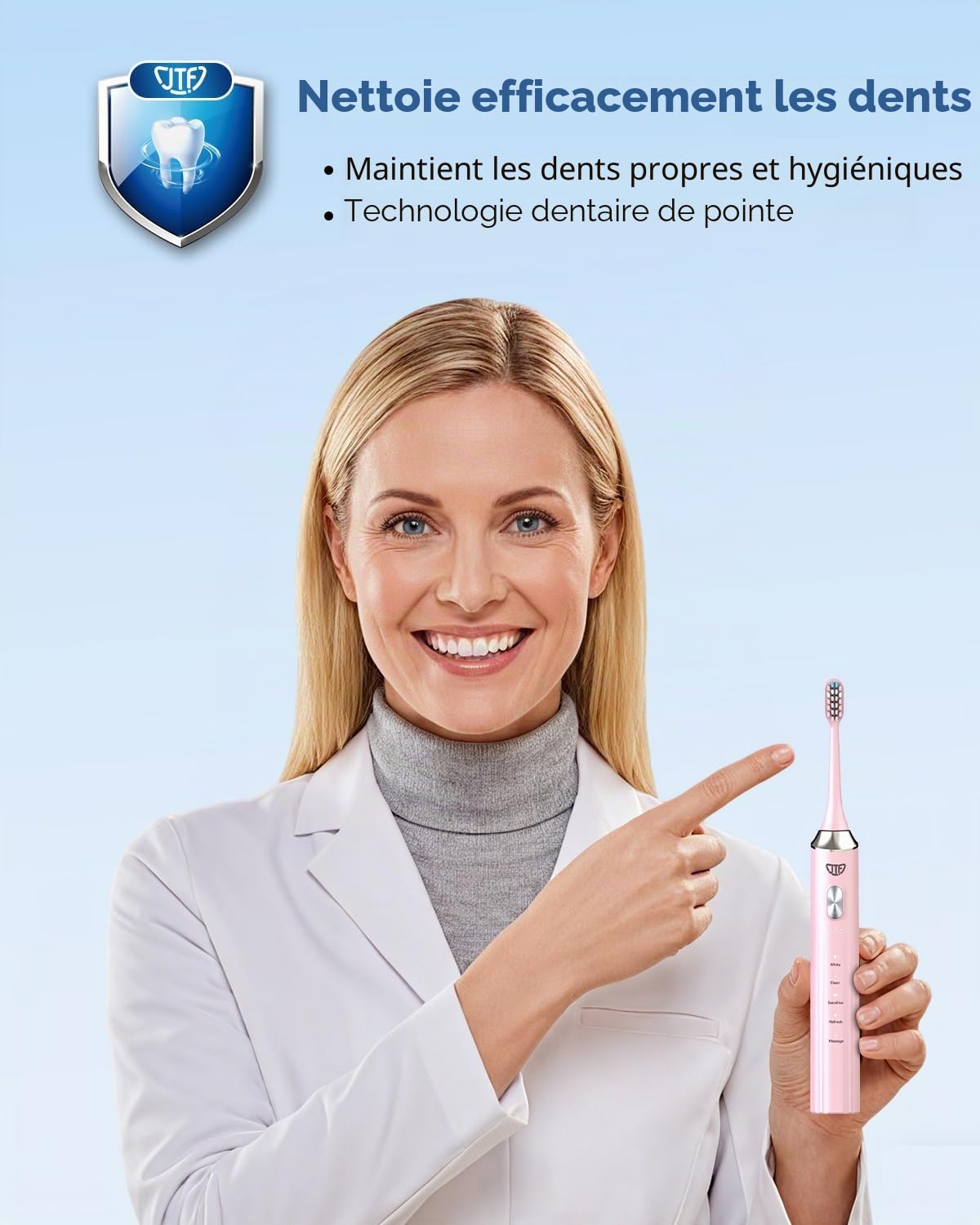 JTF Brosse à Dents Électrique Sonique avec Nettoyage et Séchage UV, 5 Modes de Nettoyage, 6 Têtes de Brosse de Rechange, Gobelet, Station de Charge Sans Fil pour La Maison et Les (Rose)
