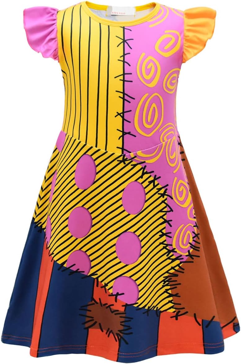 IBTOM CASTLE Sally Costume for Girls Kids Nightmare Before Christmas Fancy Dress Up Outfit Ruffle Sleeve Sally Dress for Role Play Christmas Carnival Halloween Cosplay Party
