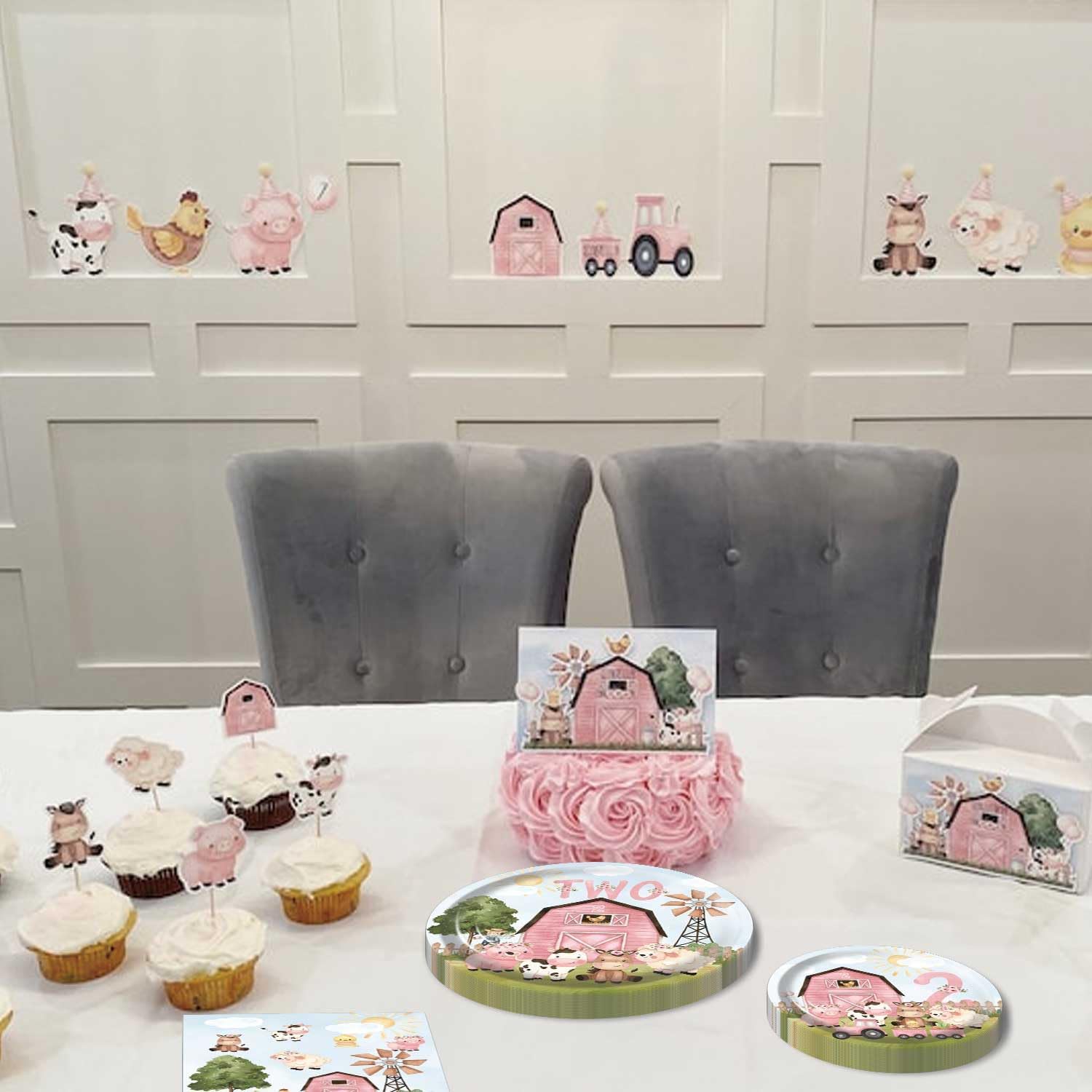 80Pcs Pink Barn Farm Animals Two Birthday Party Plates Cow Second Farmhouse 2nd Party Supplies Decorations for Girl Baby Bday