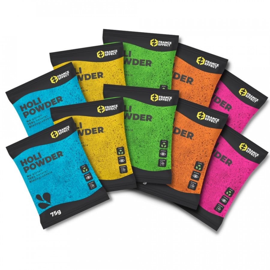 Poudre Holi - Pack 10 Sachets de poudre HOLI Multicolore 75g - Mélange de Bleu, Rose, Jaune, Vert et Orange - 100% Naturel, Non Toxique et Sans Gluten -...