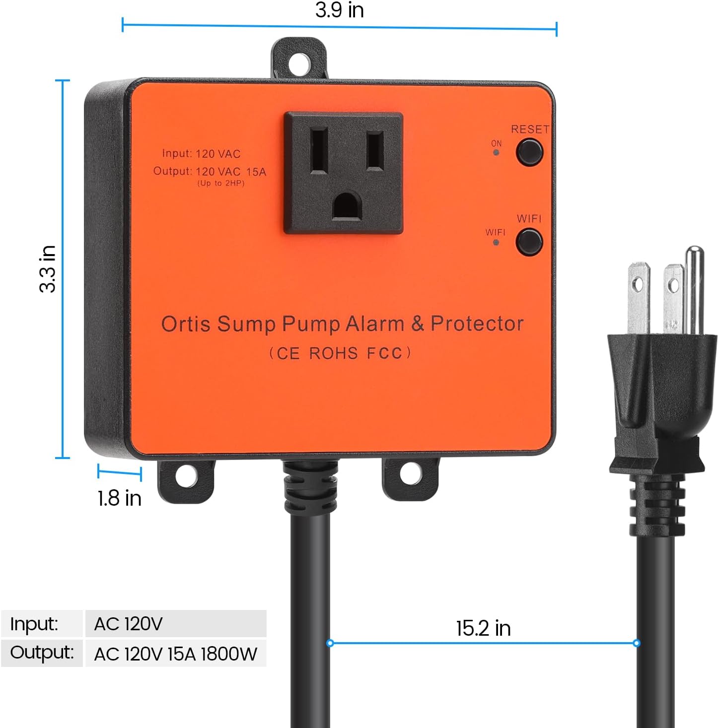 Ortis WiFi Sump Pump Monitor & Alarm, Real-Time Pump Status Monitoring, Automatic Power Cutoff & Alerts for Overload and Dry Run Conditions, Compatible with 1/6 to 2 HP Pumps (No Water Level Sensor)