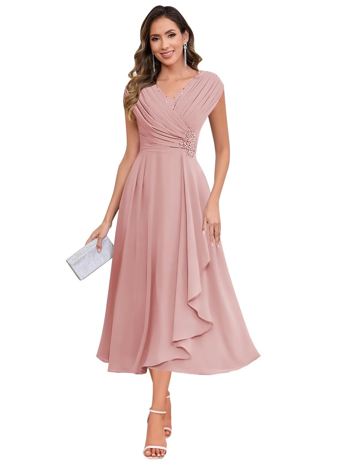 HYY Sparkly Mother of The Bride Dresses for Women Floral Chiffon Ruffled Cap Sleeve Short Formal Wedding Guest Dress