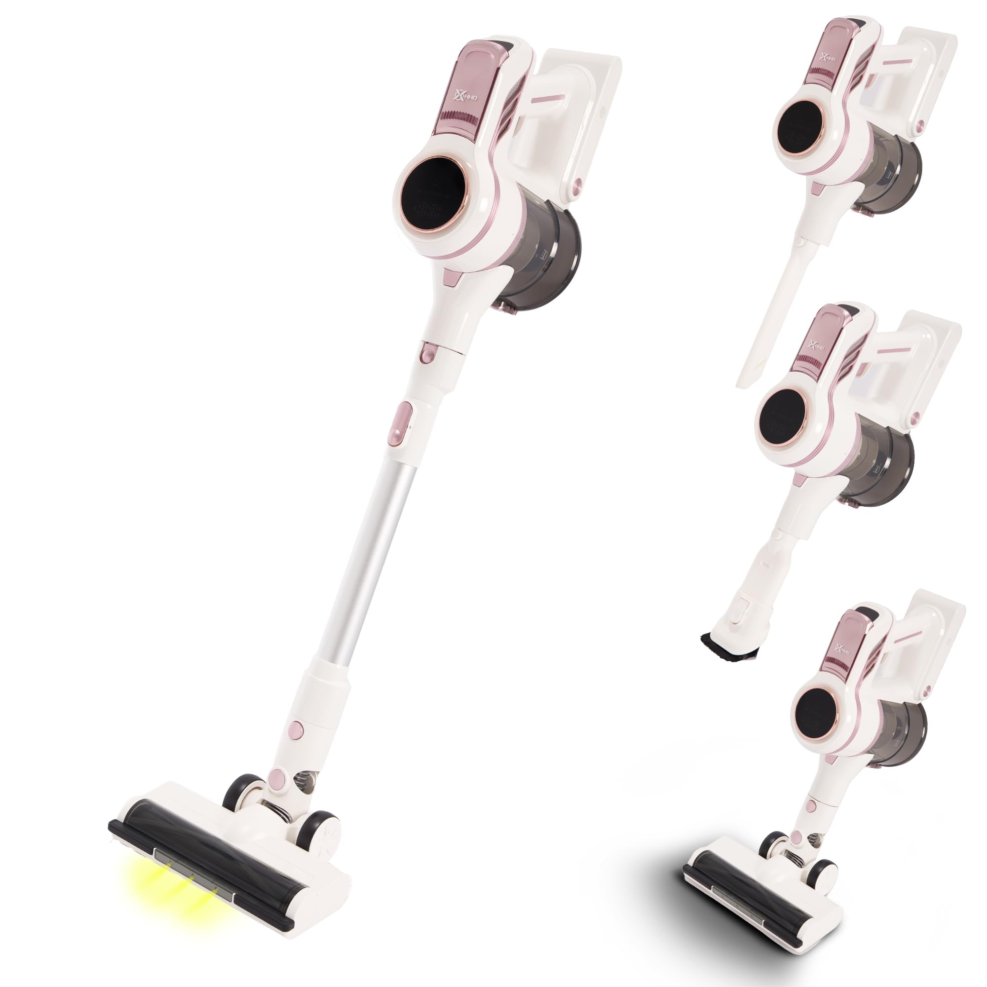 VANJOOL® Akku Staubsauger Kabellos 250W – 9 kPa Stielstaubsauger & Handstaubsauger – Beutelloser Staubsauger mit Wandhalterung – LED-Beleuchtung – 2 Saugstufen – 3 Aufsätze - Weiß / Rosa
