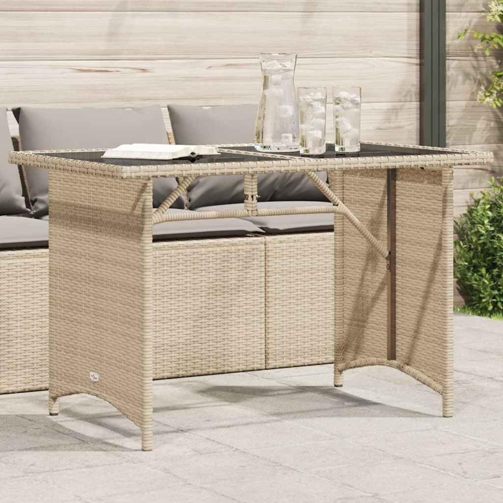 SXZenSpace Garden Coffee Table 110x68x70 cm Beige Poly Rattan Patio Bistro with Tempered Glass Top for Balcony, Deck & Small Outdoor Spaces