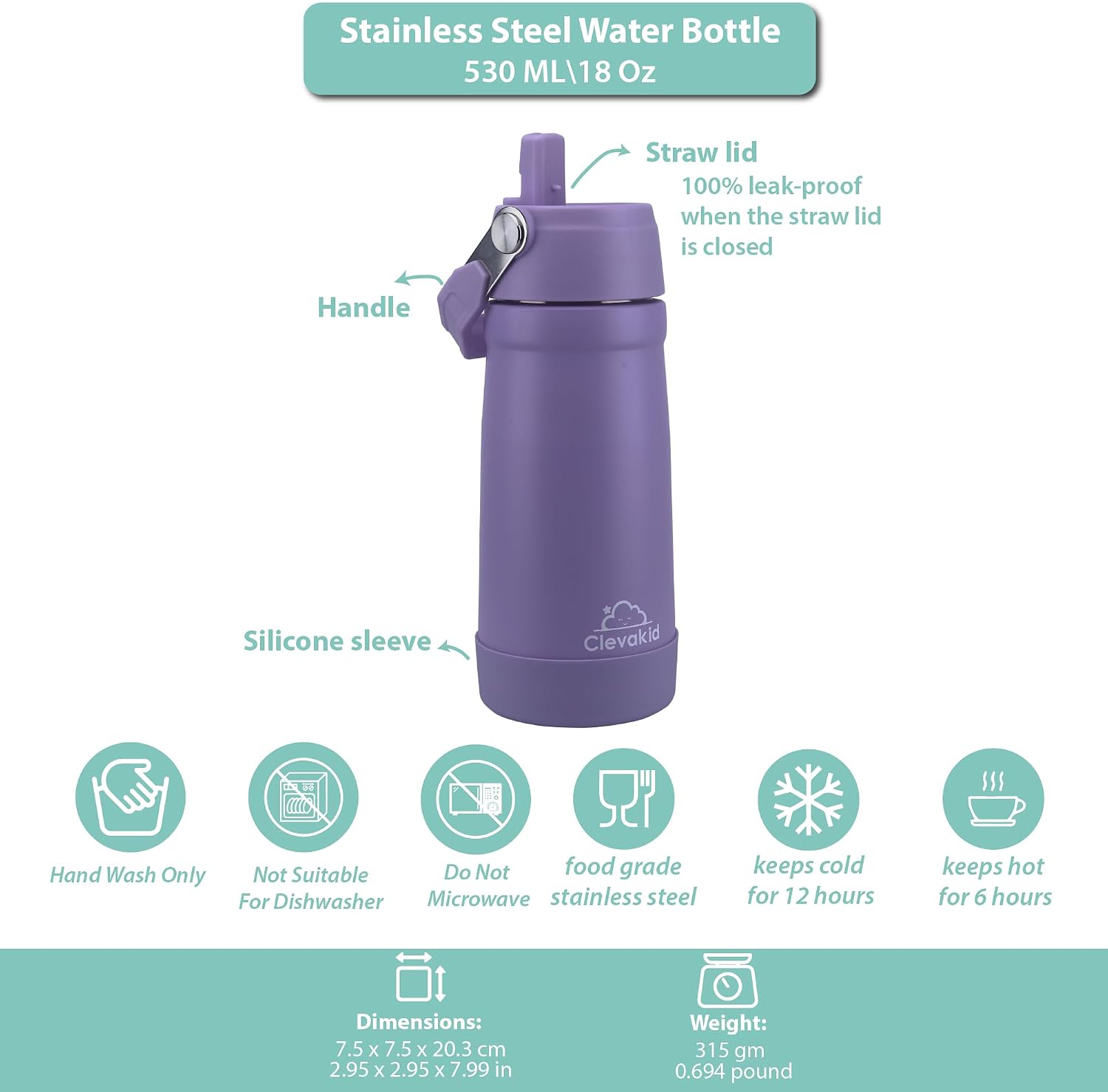 Stainless Steel Water Bottle – Double-Wall Insulated Tumbler, leakproof | for School, Home, Office,Sports, Travel | 530ML 8 OZ (Purple Light) image 2