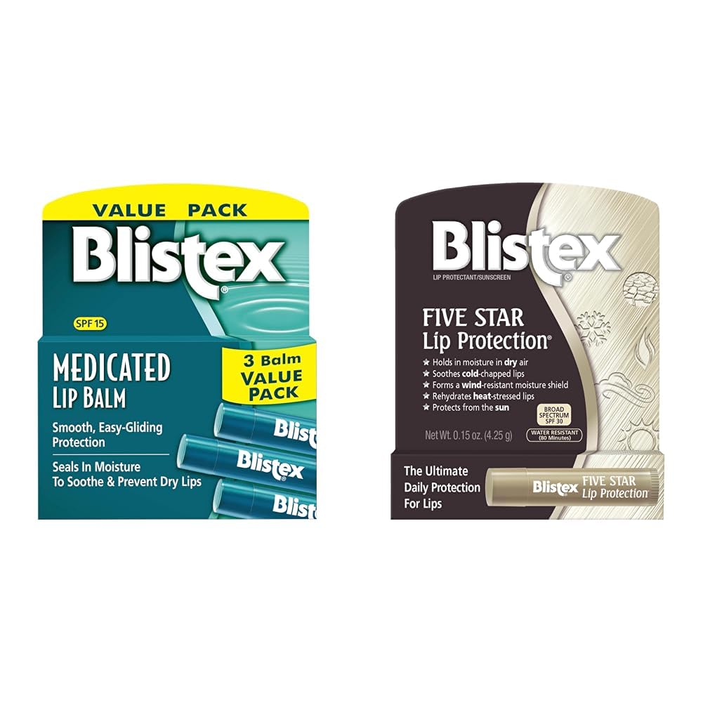 Blistex Medicated Lip Balm, 0.15 Ounce, 3 Count (Pack of 1) Prevent Dryness & Chapping, SPF 15 & Five Star Lip Protection Balm, 0.15 Ounce β Wind & Water-Resistant Lip Care