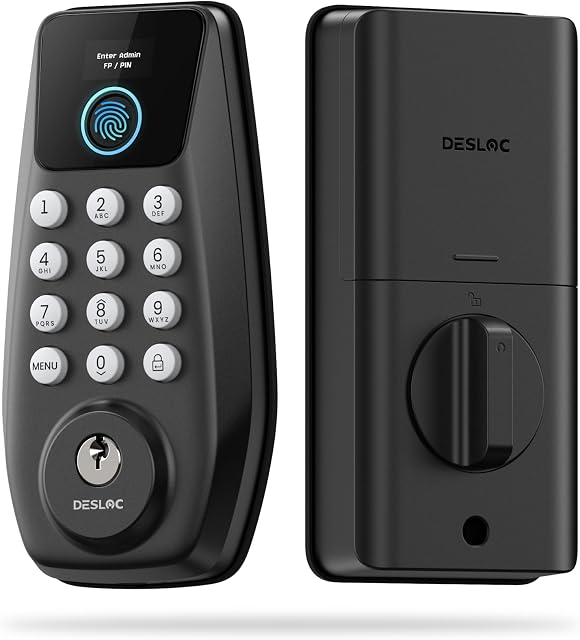 DESLOC C110 Serrure de porte intelligente avec affichage intégré, stocke jusqu'à 50 Empreintes digitales BHMA Classe 3, IP54 Résistant à la météo, verrouillage automatique, jusqu'à 12-Month Durée de vie des batteries