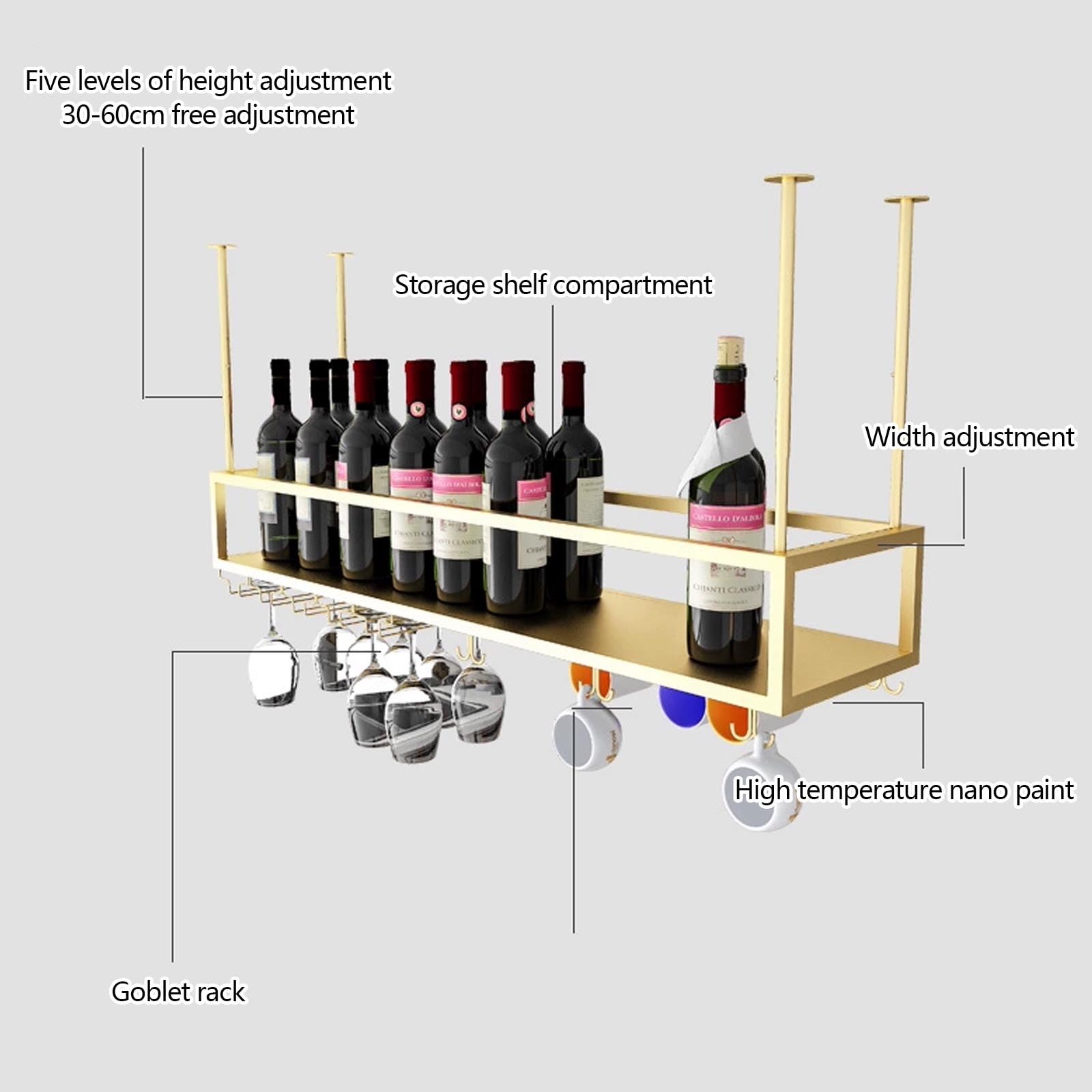 Botellero de Metal Moderno para Vino: Estante de Almacenamiento para Colgar en el Techo, para Bar en casa, Soporte Flotante para Copas de Vino, Estilo cafetería (Negro, 100 cm)