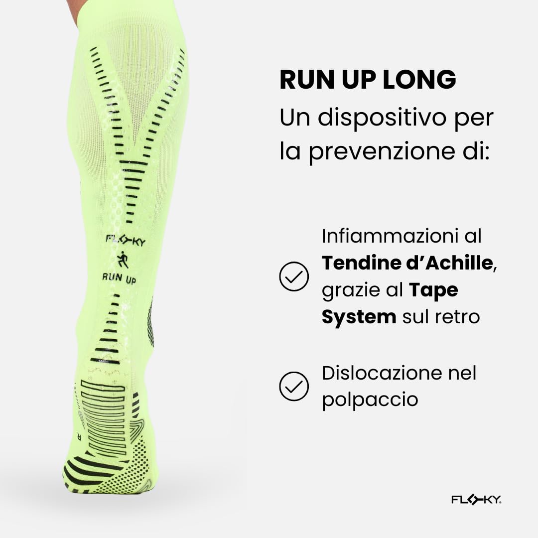 FLOKY RUN UP LONG calze biomeccaniche per running e trekking. Calza alta a compressione. Protezione tendine d'Achille e muscoli gamba, supporto plantare. Massima riduzione vibrazioni