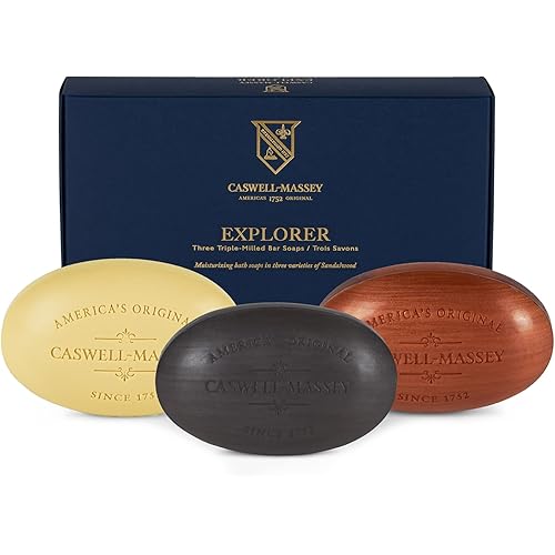 Caswell-Massey Men’s Bar Soap Gift Set - 2571, Woodgrain & Sandalwood - Moisturizing Triple-Milled Body Wash Bars for All Skin Types, Plant-Based & Essential Oils Formula, Made in USA, 3 x 5.8 oz