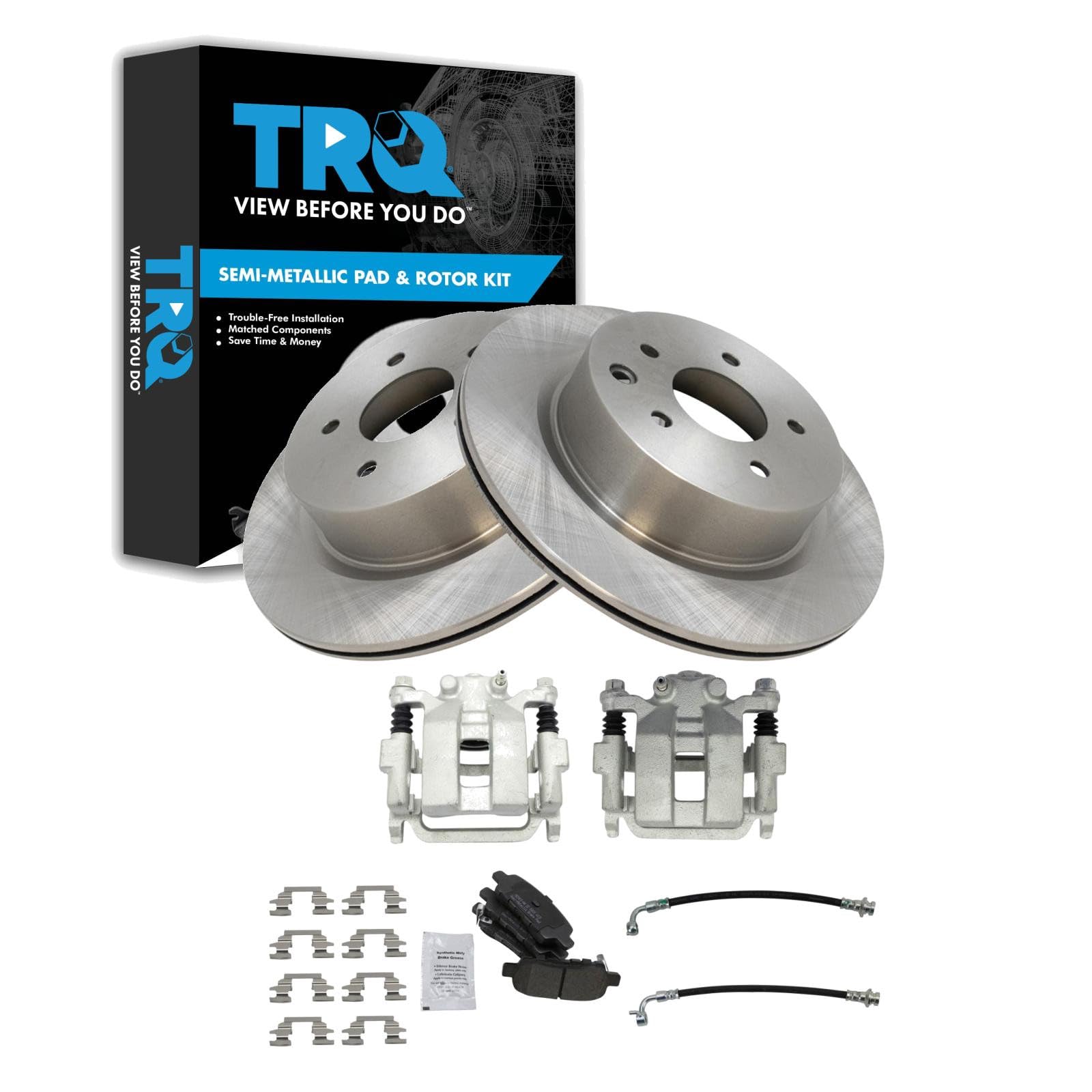 TRQ Rear Brake Pad and Rotor Set Semi Metallic Rotors Calipers Compatible with 2006-2009 Infiniti M35 M45