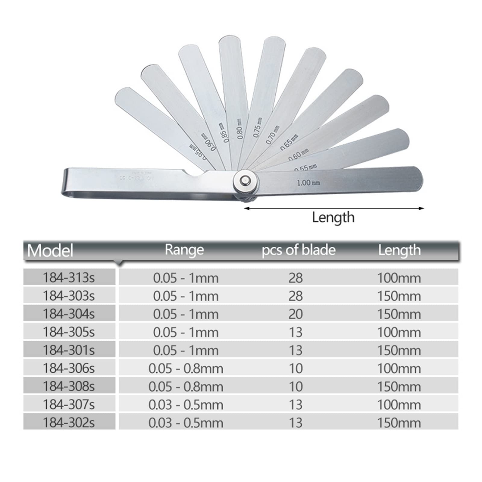 Galgas Reglaje Valvulas, Medidor de espesores 100 mm 150 mm Relleno de espacio métrico de acero inoxidable 0.03-1.00 mm Herramienta de medición de calibre de espesor(184-308S)