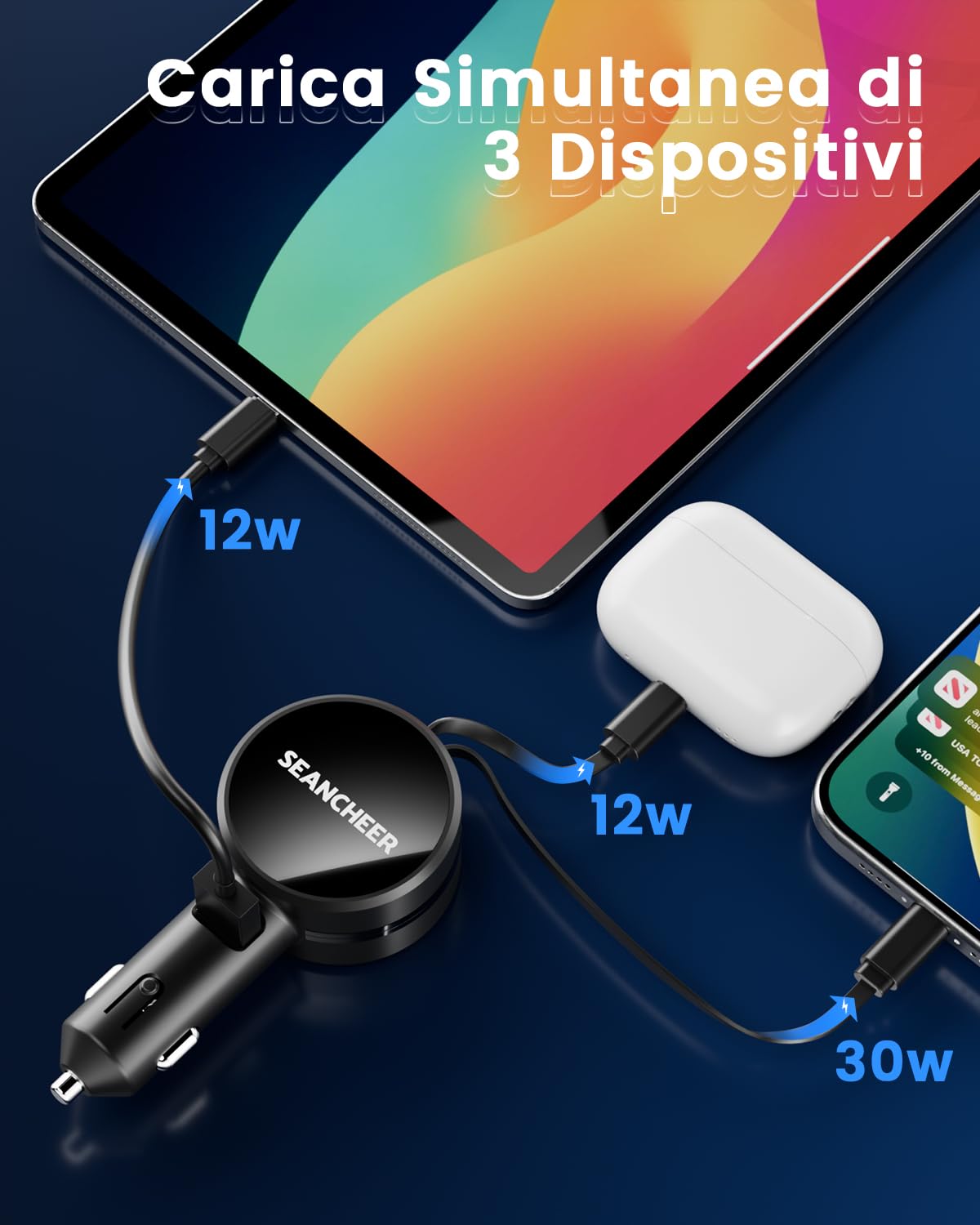 Caricabatterie Auto USB Con Cavo Retrattile | Ricarica Veloce PD QC3.0 Per IPhone, Samsung, Huawei | Doppia Porta E Sicuro - Foto 10