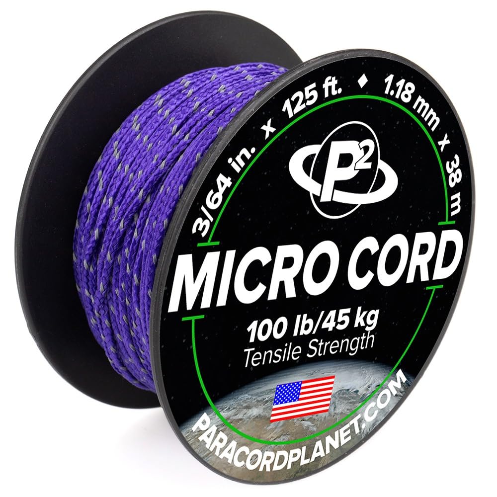 Paracord Planet Micro Paracord – Thin Braided Cord for Crafting, Fishing, and DIY Projects in 125 ft Spools – Reflective Acid Purple