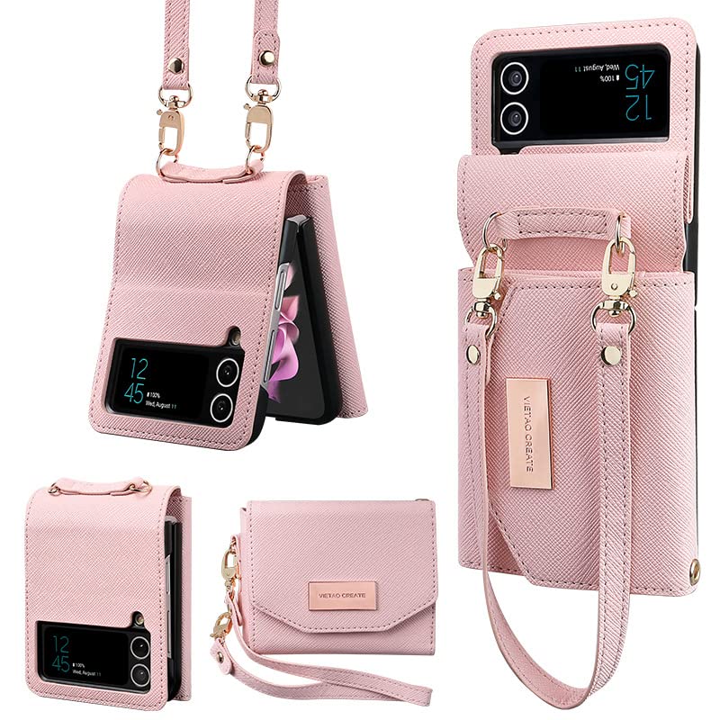 XIMAND for Flip Case with Leather Wallet,Wristlet Strap Zipper Wallet Hinge Part Protected for Samsung Galaxy Z Flip 3 5G,Fashion Handbag Gift for Women Ladys(Pink)