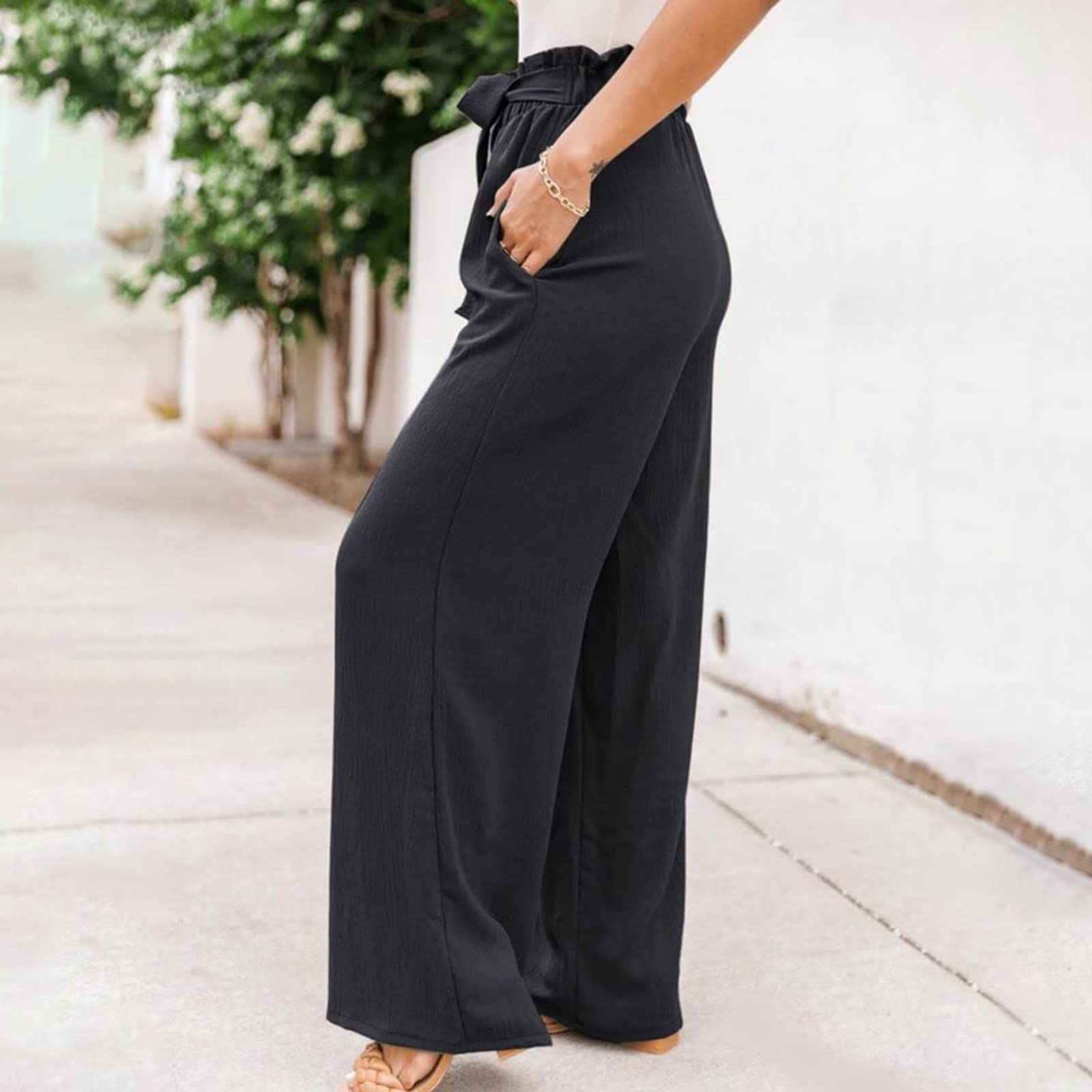 Pyjama pour femme - Pantalon court à manches longues - Pantalon à jambes larges - Taille haute - Ceinture nouée - Pantalon palazzo - Baggy - Pantalon de plage fluide - Été - Décontracté - Avec vélo