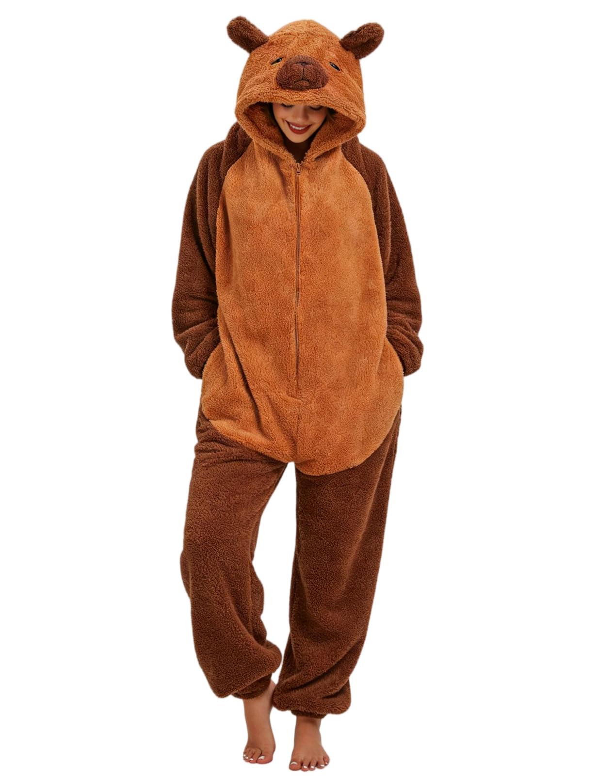 chuangminghangqi Einteiliger Schlafanzug Unisex Lang Winter Einteiler Tierkostüm Erwachsene Kostüm Jumpsuit Damen mit Reißverschlüsse Locker und Bequem Pyjama Fleece Onesie Kleidung Mit Kapuze