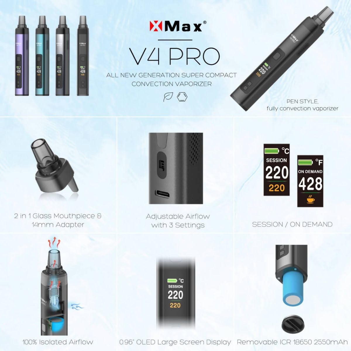 X-Max V4 Pro Silber Vaporizer – Tragbarer Konvektionsverdampfer mit 18650 Akku, OLED Display & USB-C – Temperatur 100–220 °C – Kräuter Vaporizer
