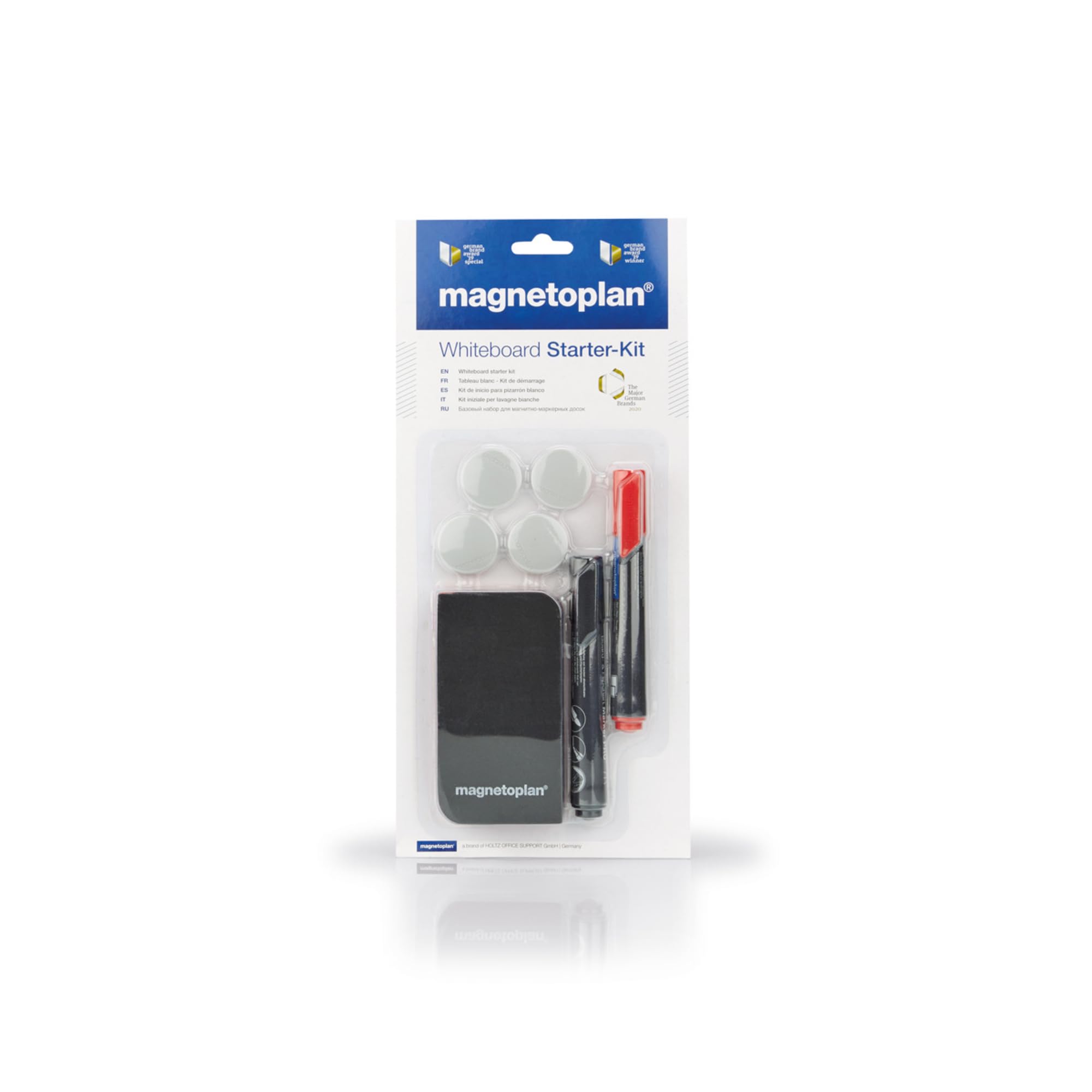 magnetoplan whiteboard starter kit, práctico set con borrador de pizarra magnética, 2 rotuladores para pizarra blanca y flipchart y 4 imanes