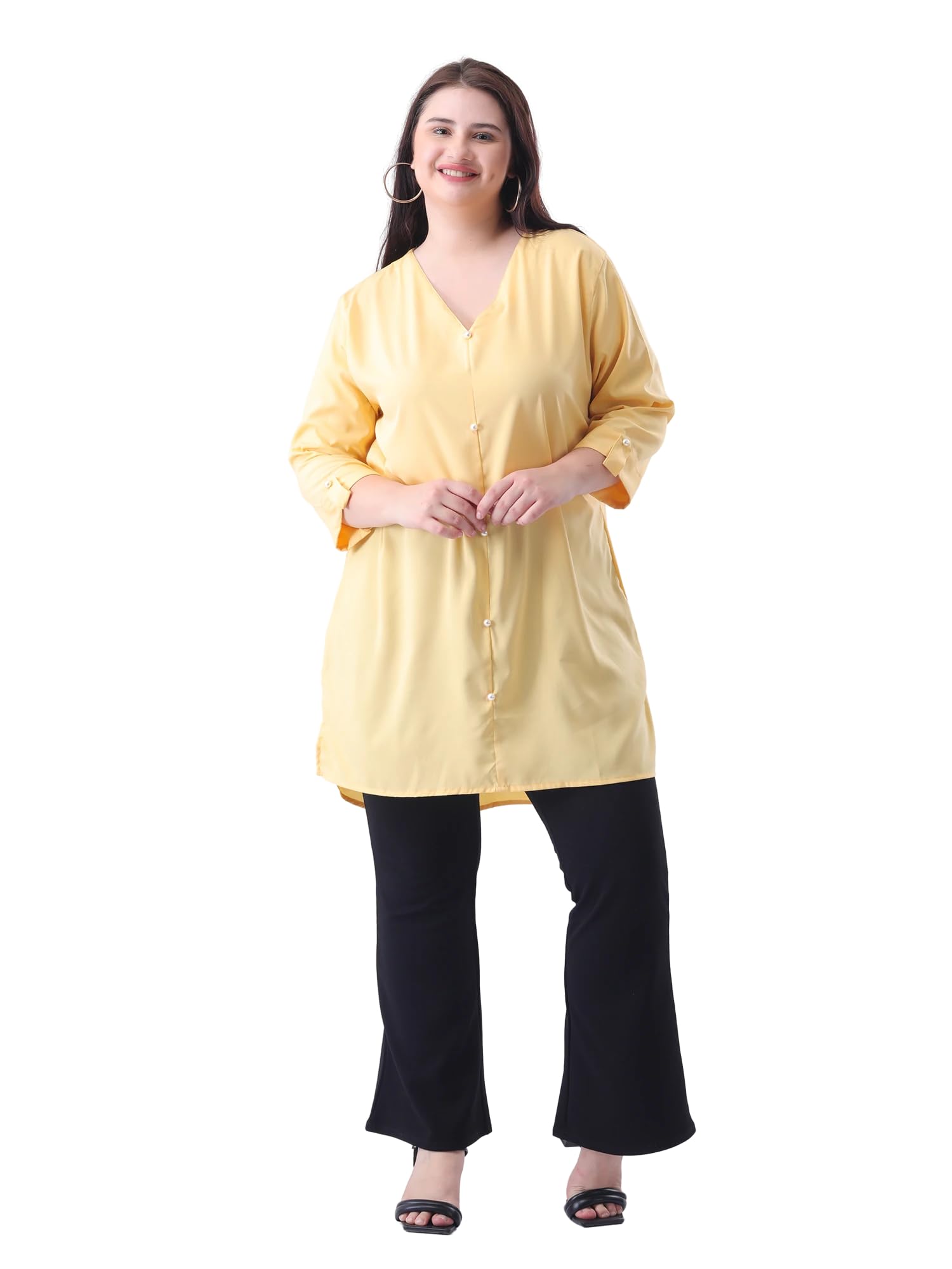 POREARMA Creations Women's Plus Size Casual Yellow Crepe Tunic Tops | Button Details | Loose Fit | Long Sillhoute | Soothing | Office wear |-picture-17