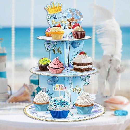 Soporte de papel para cupcakes de 3 niveles, con texto en inglés We Can Bearly Wait para baby shower, decoración de cupcakes para baby shower,