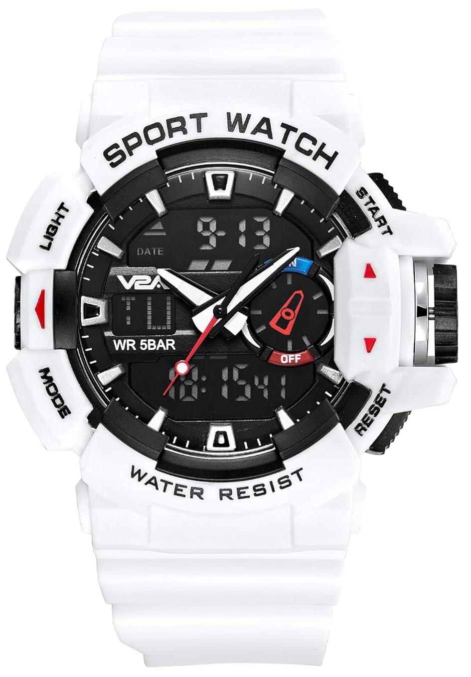 V2A Resin Analog Digital 5Atm Waterproof Sports Watch For Men With Stopwatch, Alarm And Backlight | Case Size- 52Mm (White), Gold Dial, Black Band (B0BH8FZ4Z8) Amazon Price History, Amazon Price Tracker