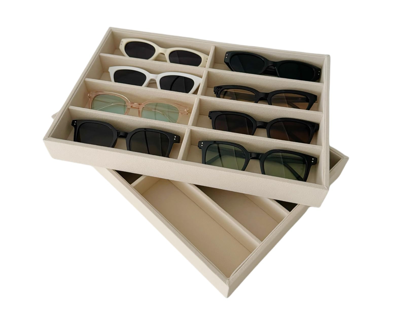 AgentMoon 2 Pieces Velvet Glasses Storage Tray or Jewelry Tray. Thickening Frame Adjustable 8 Grids,Stackable Desktop Clutter Organizer,Retailer Display Pallet. Beige (2PCS)