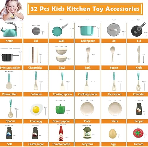Miniatura 3 de Bruvoalon Juego de 32 juguetes de cocina para niños, accesorios de cocina con ollas, sartenes, utensilios de cocina, alimentos, verduras enlatadas