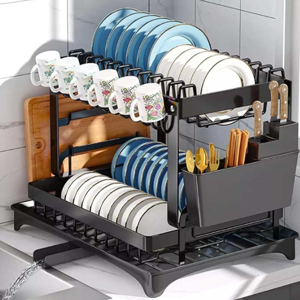 Blendra Black Dish Drainer Rack-Draining Board Rack With Drip Tray & Rotate Drainage Spout,Dish Rack For Kitchen Counter,Dish Drying With Cups, Utensil & Cutting,2-Tier
