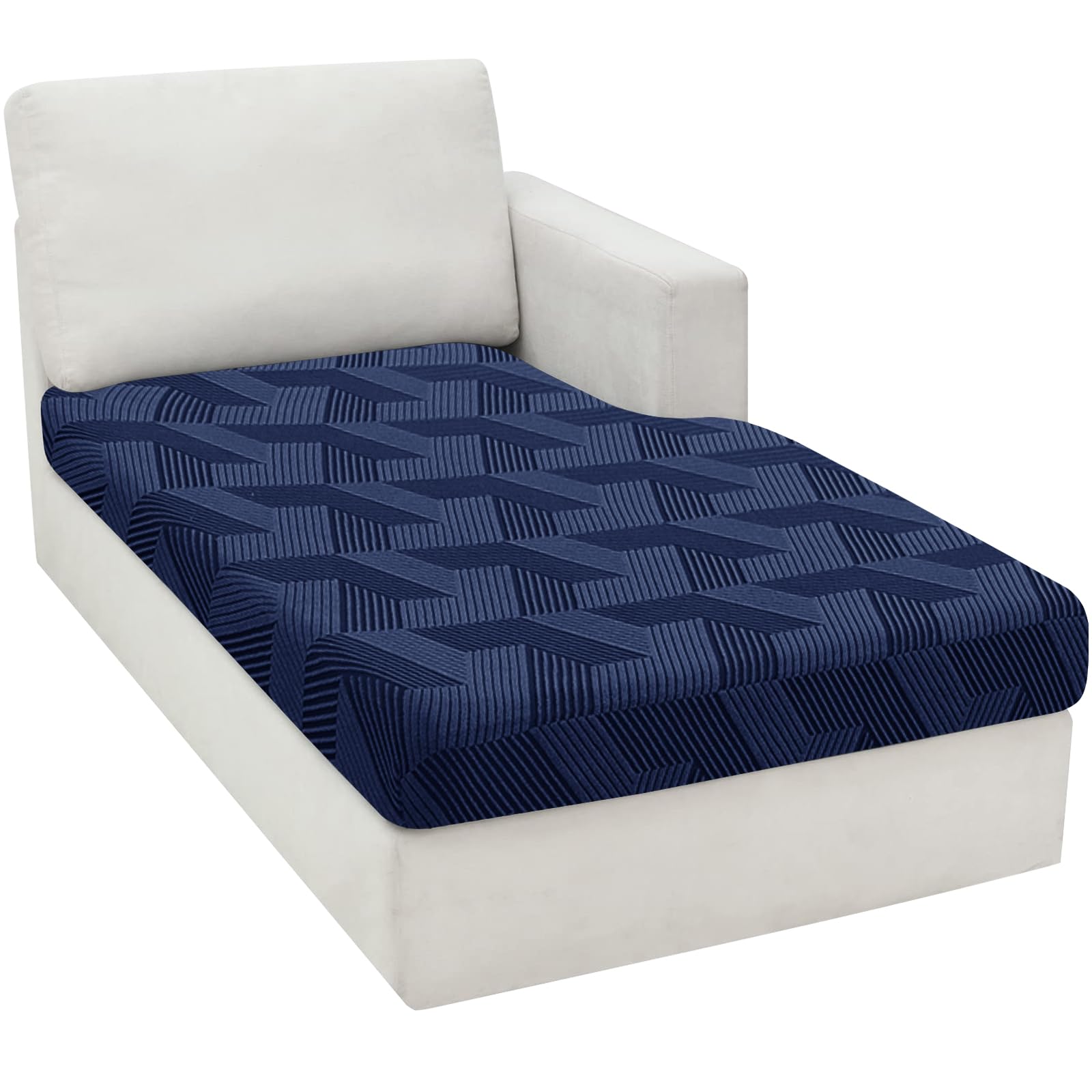 XINEAGE Sofa Seat Cushion Cover, Geometrical Jacquard Couch Cushion Slipcovers, Individual Chaise Cover for L Shaped Sofa with Elastic Bottom & Non-Slip Strap (Chaise Cover, Navy Blue)