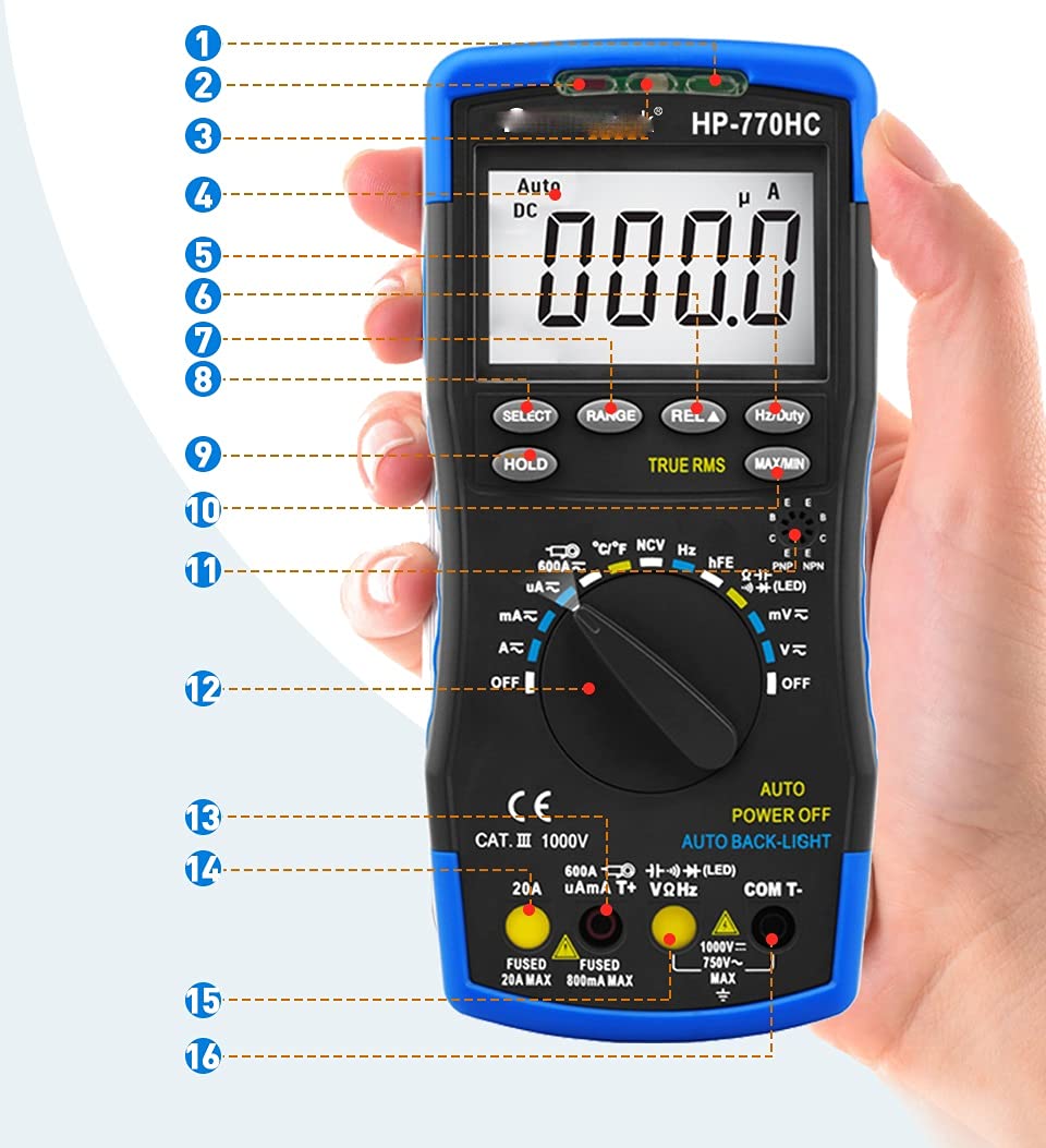 Digital Auto Range Multimeter AC Voltage Meter Measurement Temperature/Frequency/Duty Cycle/True