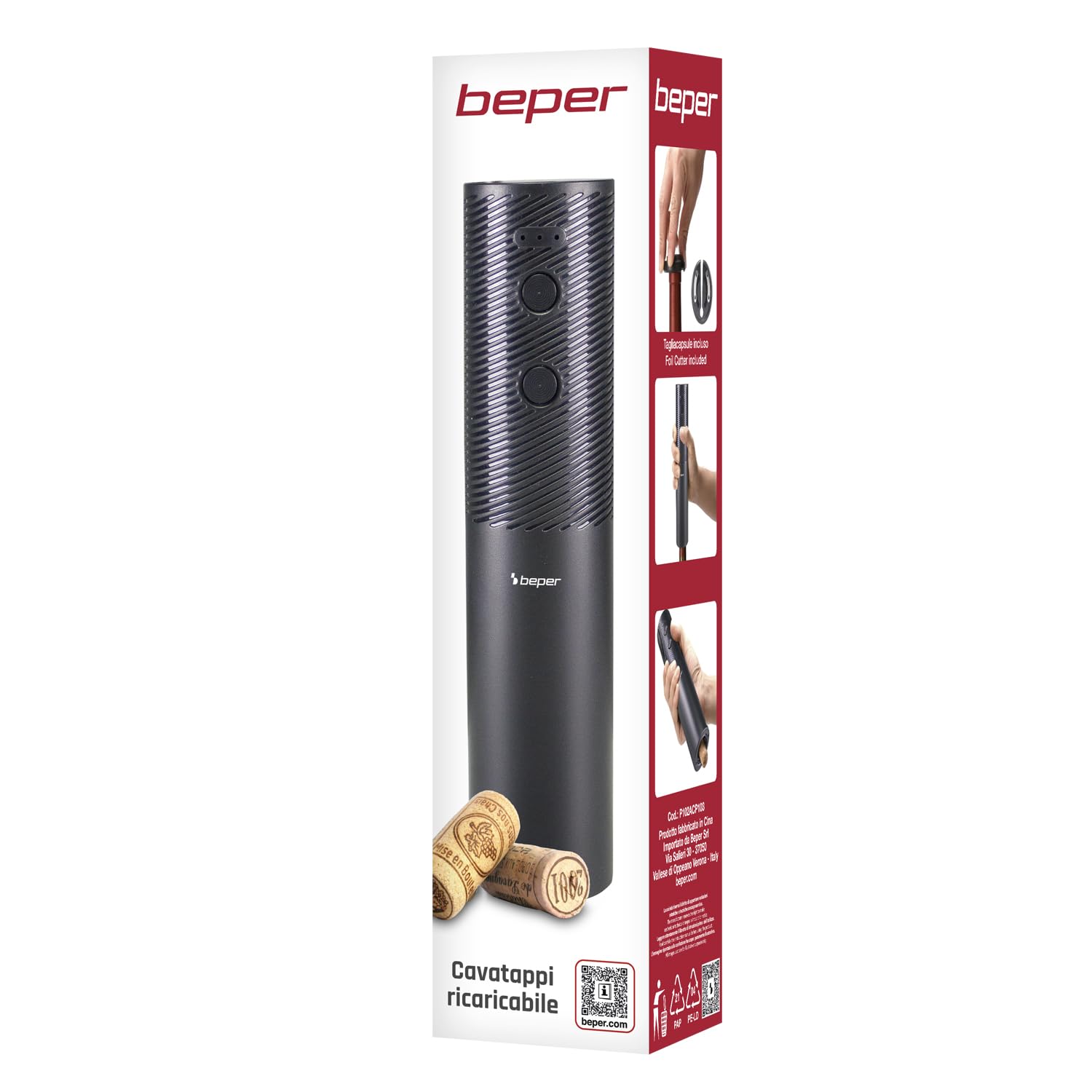 BEPER P102ACP103 Sacacorchos Eléctrico Recargable por USB, Abrebotellas de Vino, con Cortador de Láminas, para Corchos y Corchos Sintéticos