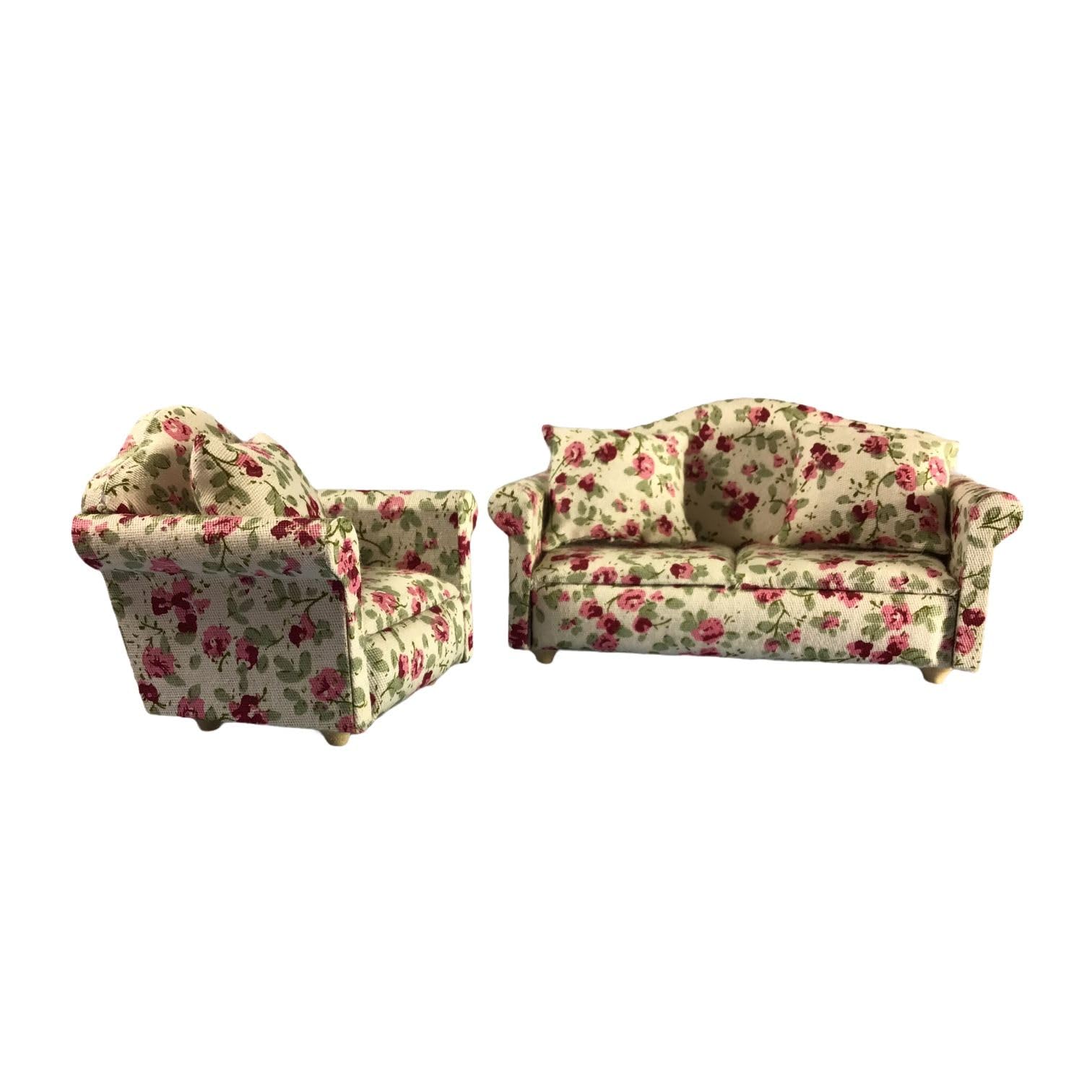 Dolls House Floral Sofa and Chairs, 1:12 Scale, Cream, Set of 3, White, Pink, Floral - Image 2