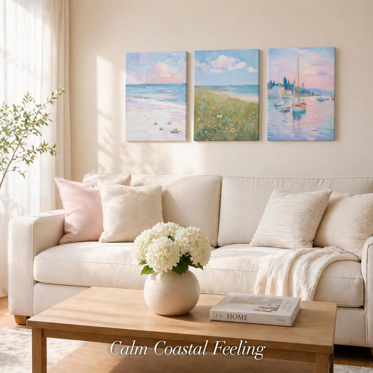 Pastel Coastal Wall Art Set of 3, Beach Ocean Canvas Prints, Soft Impressionist Seascape Decor, Pink Blue Shore Landscape Artwork for Living Room Bedroom Bathroom, 12x16 Inch Each (Sunset Blush Tones)