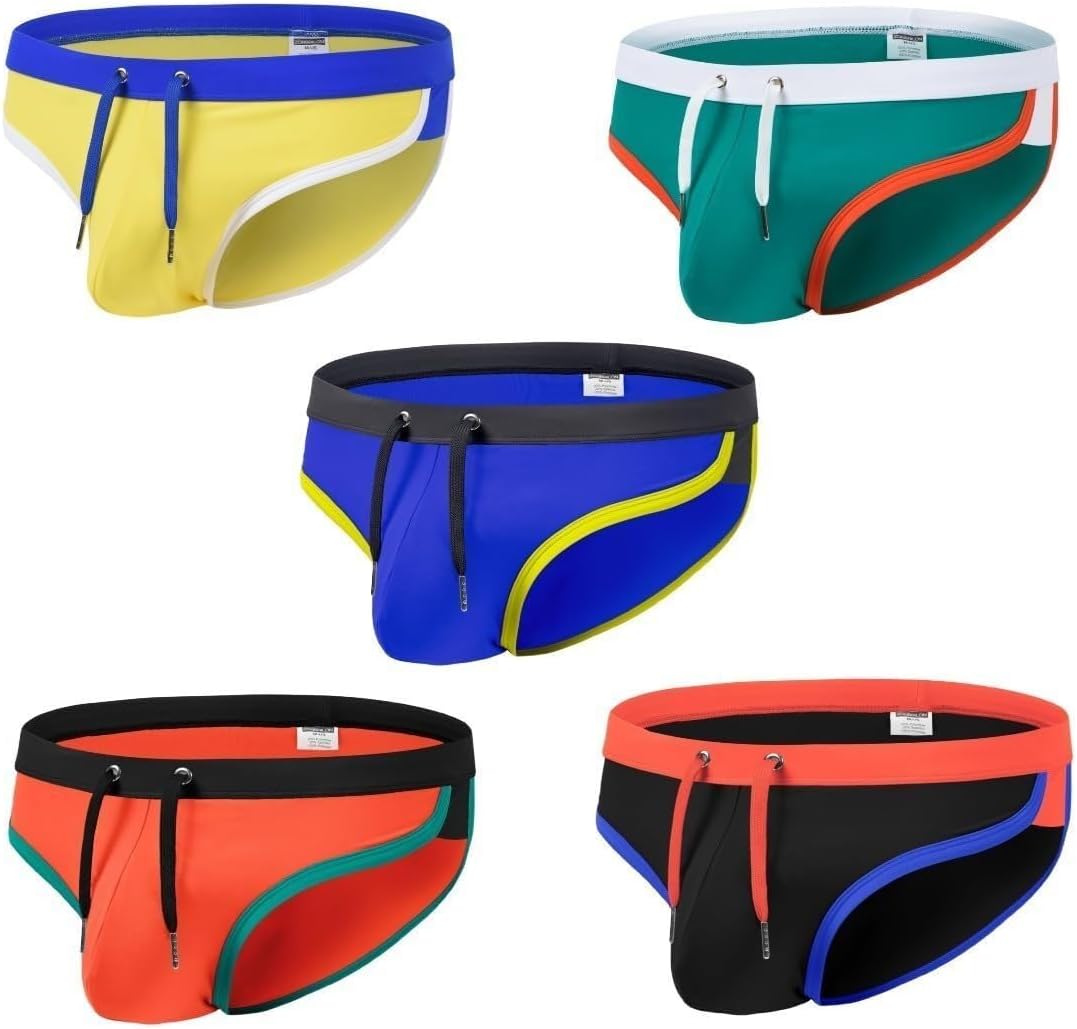 Men's Swim Briefs Color Block Sexy Bikini Swimsuit Low Rise Beach Swimwear with Drawstring