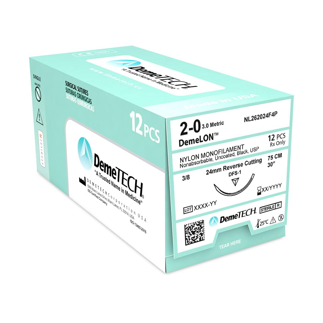 DemeLON Non-Absorbable Nylon Monofilament Suture, DFS-1, 24mm, 3/8 Circle, Reverse Cutting Needle, USP Size 2-0, 30 inches, (75cm), Black