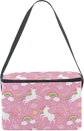 Miniatura 3 de Naanle Bolsa de almuerzo de lona aislada con cremallera para niños, adultos, hombres y mujeres, unicornios rosados, correa larga, loncheras,
