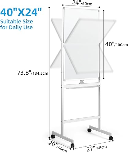 Miniatura 2 de Pizarra blanca móvil, pizarra magnética de borrado en seco de 40 x 24 pulgadas con soporte, pizarra blanca rodante de doble cara con marco de