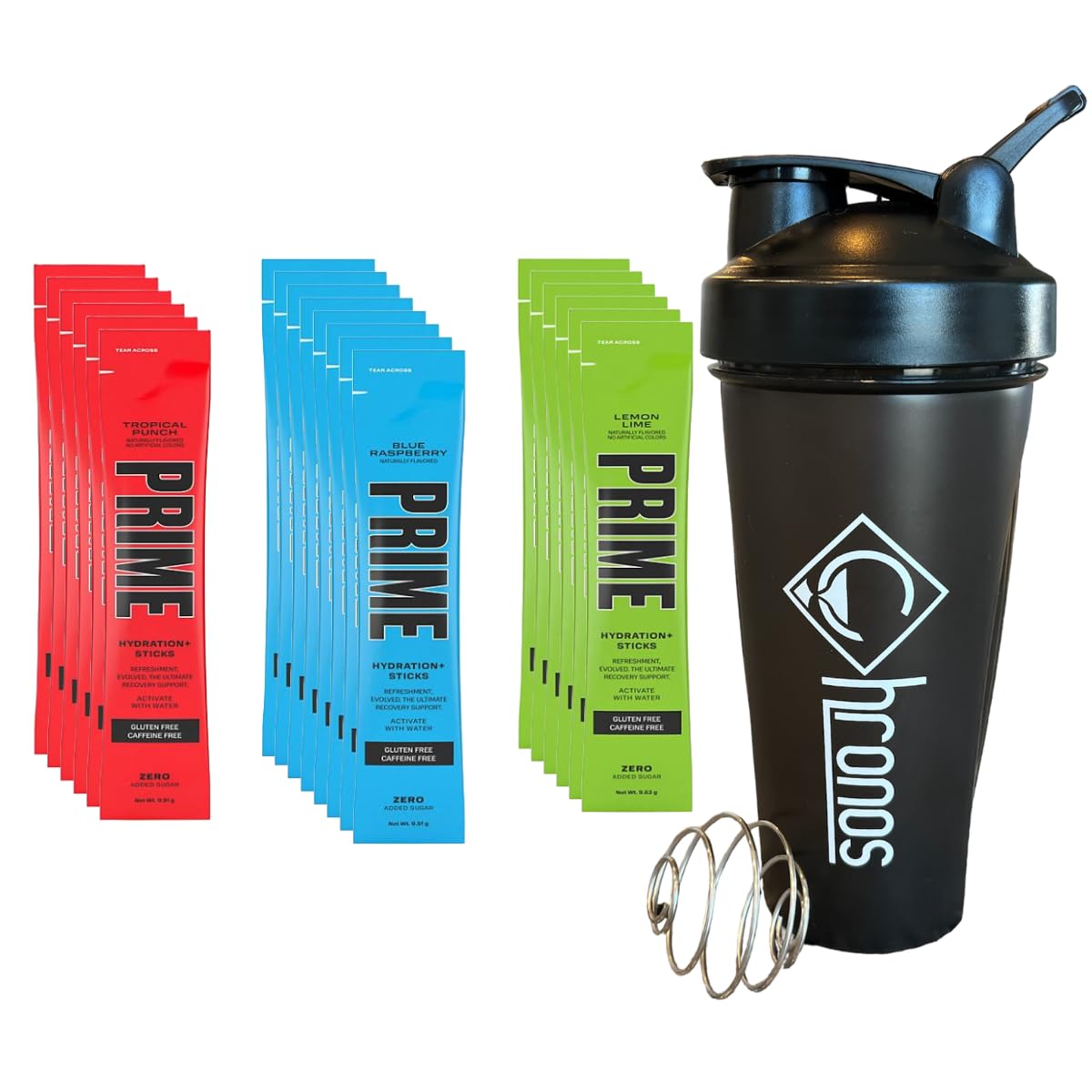 CHRONOS Shaker Bottle with Prime Hydration + Electrolyte Powder Mix Sticks 3 Flavor Variety Pack 8 sticks Blue Raspberry, 6 Sticks Lemon Lime, 6 Sticks tropical Punch (Pack of 20 total)